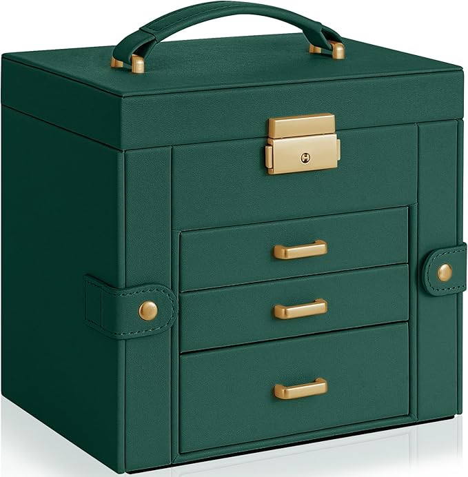 AKOZLIN 4-Tier Jewelry Box Leather Jewelry Storage Organizer with 3 Drawers Lockable for Women Girls Ring Necklace Earring Bracelet Holder with Mirror Forest Green-CubbioJoy