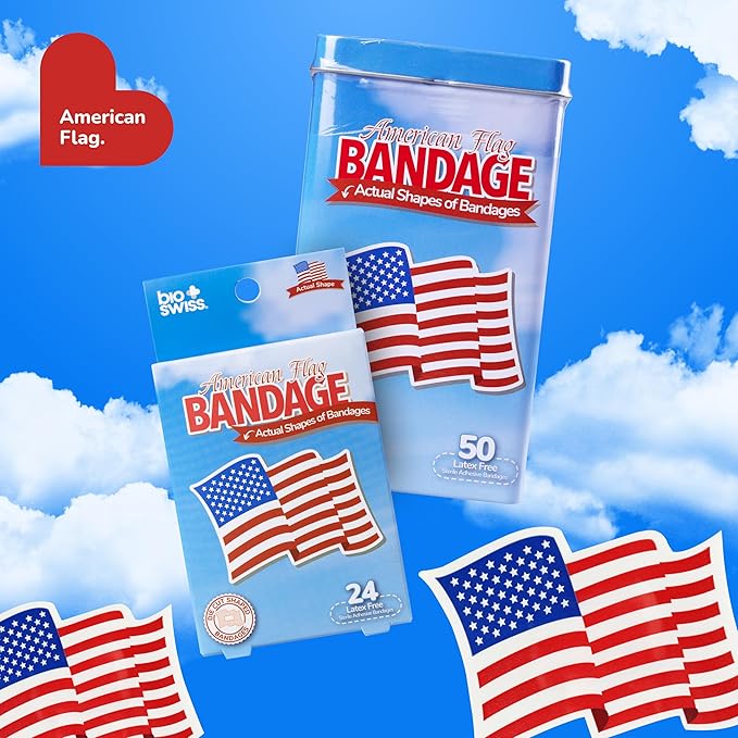 BioSwiss Bandages, American Flag Shaped Self Adhesive Bandage, Latex Free Wound Care, Fun First Aid Kit Supplies for Kids and Adults, 50 Count-CubbioJoy