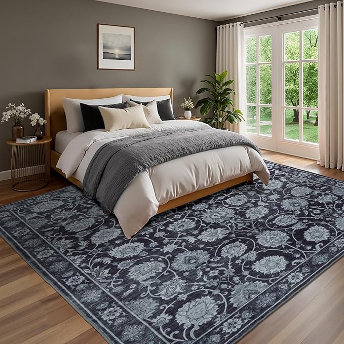 Black 8x10 Area Rugs for Living Room, Washable Large Bedroom Rug, Soft Non Slip Floral Carpet, Stain Resistant Low Pile Carpets for Indoor Under Table Dining Home Office Nursery, Black-CubbioJoy