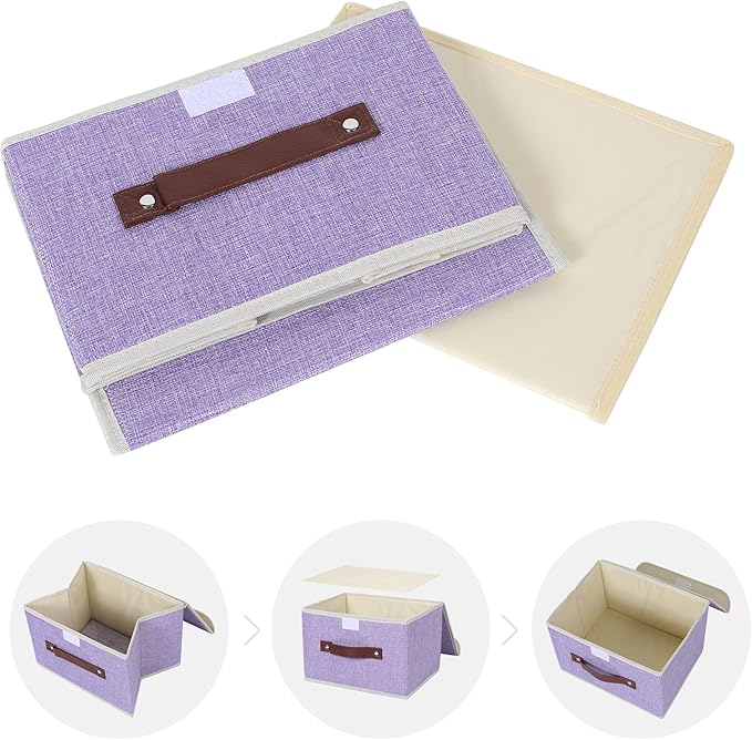 ANMINY 2PCS Storage Bins with Lid PU Leather Handles Storage Boxes PP Plastic Board Decorative Foldable Lidded Cotton Linen Fabric Home Cubes Baskets Closet Organizer Containers - Purple, Small Size-CubbioJoy