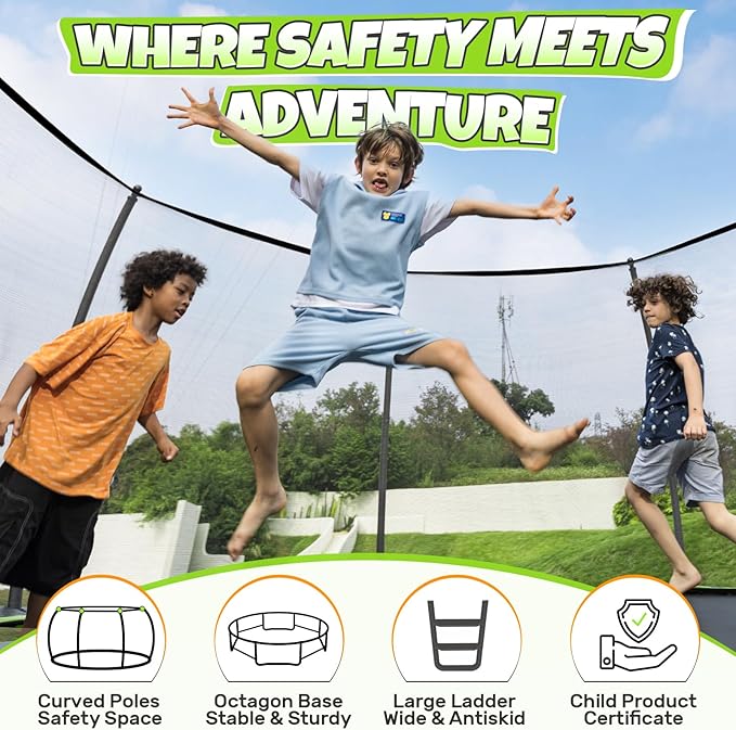 BCAN 8FT 10FT 12FT 14FT 15FT 16FT Recreational Trampoline with Enclosure for Kids Adults, ASTM Approved, Outdoor Trampolines with Ladder for Kids-CubbioJoy