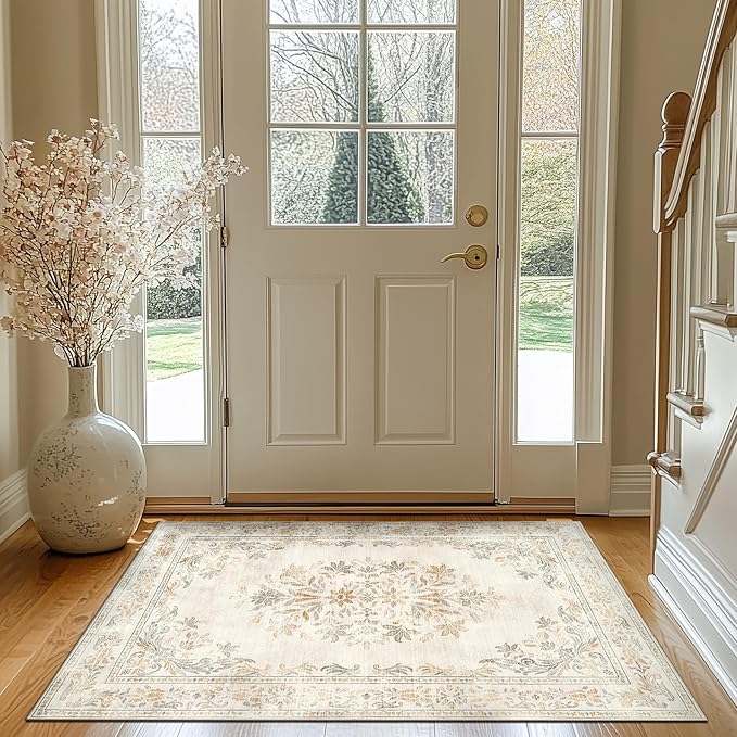 jinchan Vintage Floral 3x5 Area Rugs for Entryway - Machine Washable Distressed Design Ultra-Thin Low-Pile Soft Non-Shedding Carpet for Kitchen Bedroom Entrance Laundry Living Room (3x5ft,Light Grey)-CubbioJoy