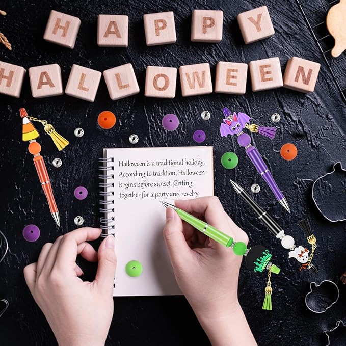 CZWZ Halloween Beadable Pens, Plastic Beadable Pens with 8 Pcs Multicolor Silicone Beads, Halloween Pumpkin Bat Skull Ghost Witch Hat Pens for Halloween Gifts Office Supplies-CubbioJoy