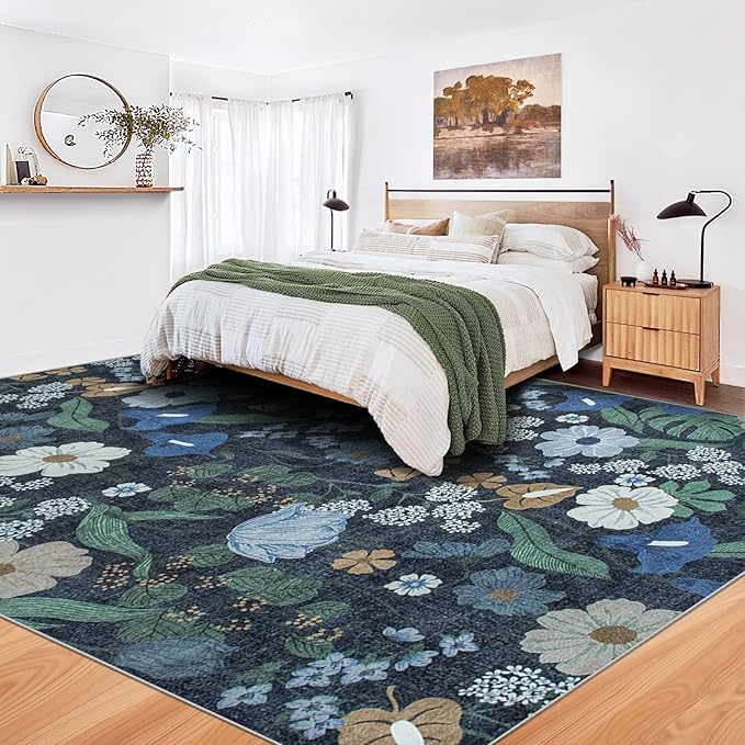 8x10 Area Rug for Living Room: Vintage Floral Washable Rug Soft Boho Non Slip Carpet Large Indoor Floor Non Shedding Low Pile Thin Carpets for Bedroom Dining Room Farmhouse Nursery Home Office Blue-CubbioJoy