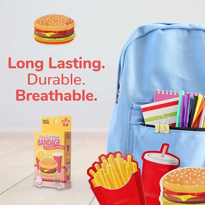 BioSwiss Bandages, Combo Meal Shaped Self Adhesive Bandage, Latex Free Sterile Wound Care, Fun First Aid Kit Supplies for Kids, 24 Count-CubbioJoy