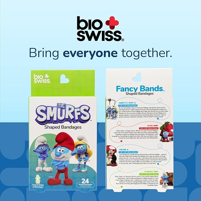 BioSwiss Bandages, The Smurfs in 3D Shaped Self Adhesive Bandage, Latex Free Sterile Wound Care, Fun First Aid Kit Supplies for Kids and Adults, 24 Count Box-CubbioJoy