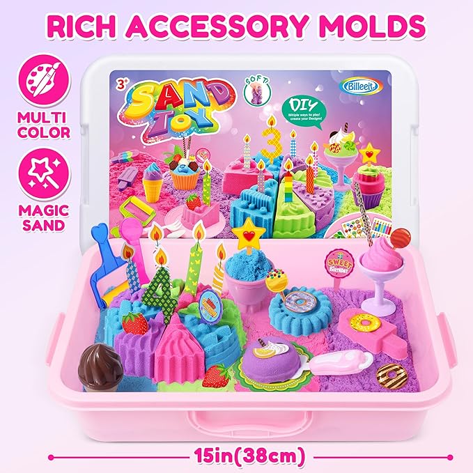 Cake & Ice Cream Sensory Bin Sand Toy, Sand Kit Sensory Toys w/lid and 4 Color Magic Sand 2.2lbs, Molds, Tools Set 43pcs Total for Toddlers, Fun Gift for Kids 3+-CubbioJoy