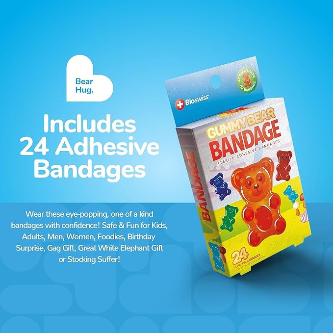 BioSwiss Bandages, Gummy Bear Shaped Self Adhesive Bandage, Latex Free Sterile Wound Care, Fun First Aid Kit Supplies for Kids, 24 Count-CubbioJoy