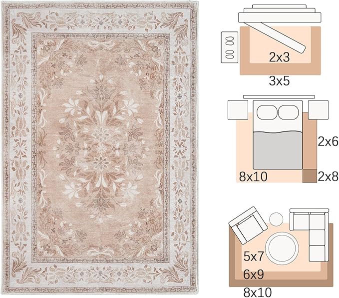 jinchan Vintage Floral 4x6 Area Rugs - Machine Washable Distressed Design Soft Ultra-Thin Low-Pile Non-Slip Carpet for Entryway Kitchen Bedroom Nursery Living Room Dining Room (4x6ft,Coral Pink)-CubbioJoy