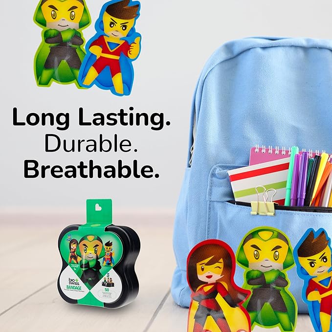 BioSwiss Bandages, Super Healers Superhero Shaped Self Adhesive Bandage, Latex Free Sterile Wound Care, Fun First Aid Kit Supplies for Kids and Adults, 50 Count-CubbioJoy