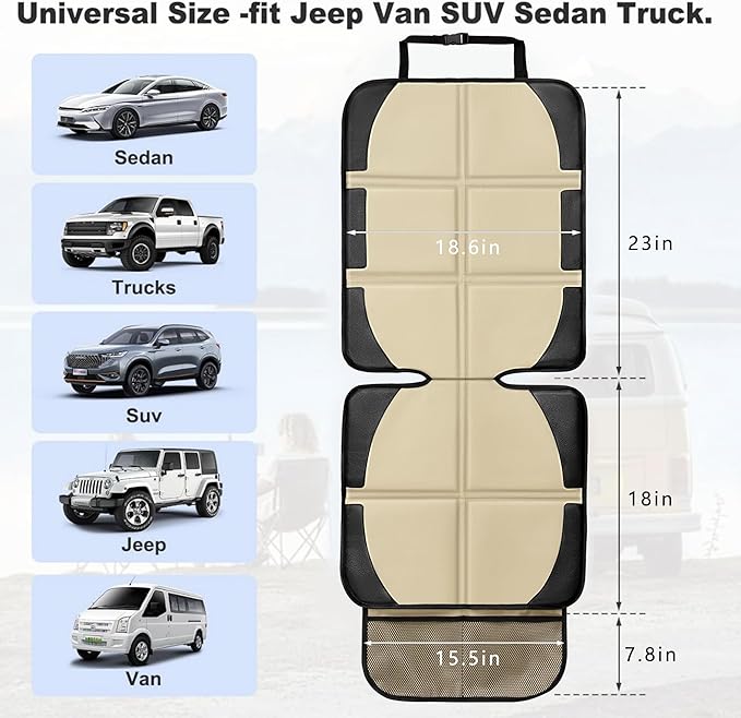 Car Seat Protector for Child Car Seat, 2 Pack Baby Car Seat Covers with Mesh Pockets & Non-Slip Backing 600D Durable Seat Protector Under Baby Car Seat for Car Back Seat (Beige, Large)-CubbioJoy