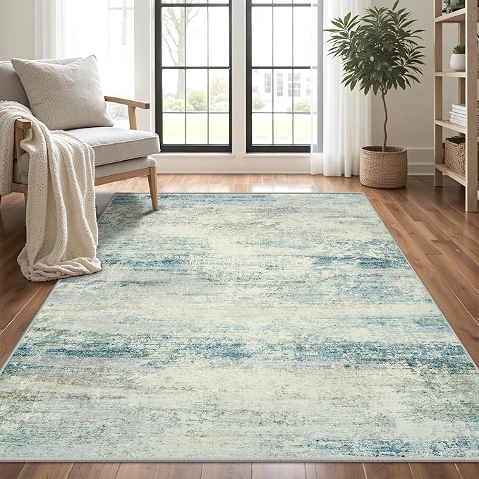 5x7 Area Rugs for Lliving Room Bedroom, Abstract Washable Rugs with Non-Slip Backing, Stain Resistant Thin Carpet for Dorm Dining Room Table Nursery Indoor Home Office-Blue/Gray-CubbioJoy