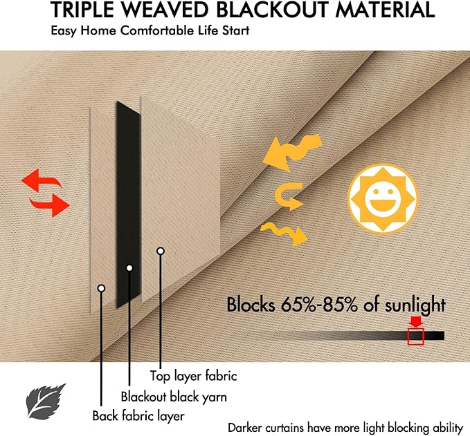 ANRODUO Back Tab Blackout Curtains for Bedroom Living Room, Rod Pocket Pinch Pleated Thermal Insulated Room Darkening Curtains 96 Inches Long 2 Panels, Beige, 42 x 96 Inch-CubbioJoy