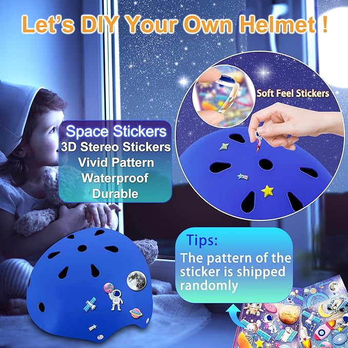 Kids Bike Helmet with DIY Stickers and Knee Pads Elbow Pads Wrist Guard Set for Ages 3-8-14 Toddler Boys Girls Helmet for Roller Skates Cycling Skateboarding Bicycle Scooter-CubbioJoy