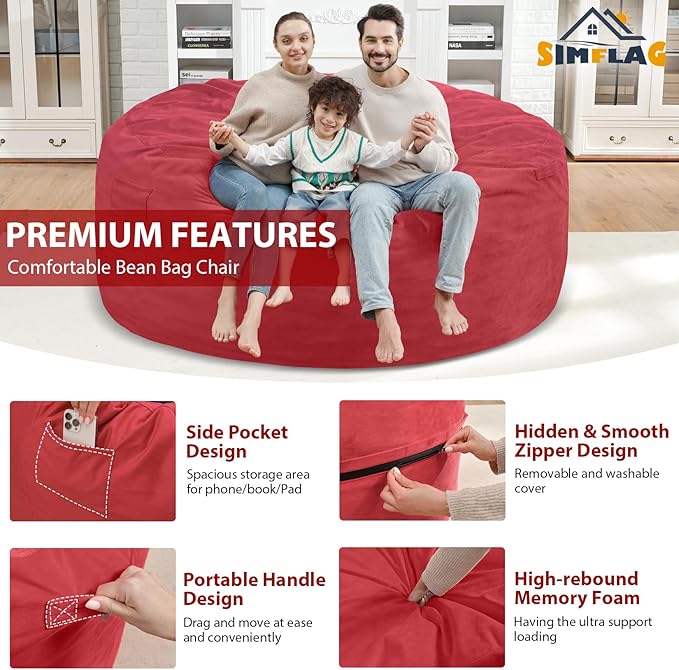6FT Bean Bag Chair, Large Bean Bag Chairs with Memory Foam Filled, Fluffy Beanbag Sofa with Dutch Velvet Cover, Round BeanBag Chairs for Living Room, Playroom - Red-CubbioJoy