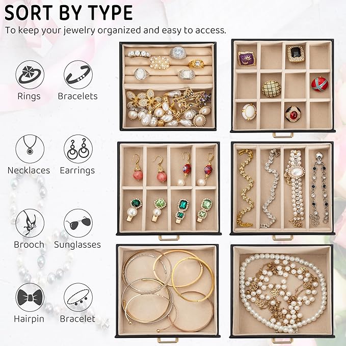 AKOZLIN 6-Tier Jewelry Box Lockable Leather Jewelry Storage Case with 5 Drawers for Women Girls Ring Necklace Earring Bracelet Holder Organizer with Mirror-CubbioJoy
