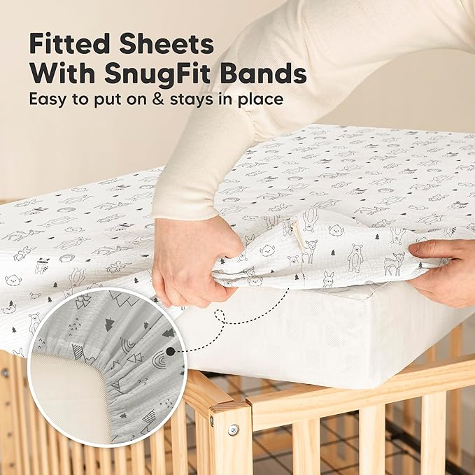 KeaBabies 2-Pack Muslin Crib Sheets for Boys, Girls - 100% Organic Cotton Fitted Baby Crib Mattress Sheet, Soft Breathable Standard Toddler Bed Cover Bedding Set, Neutral, Durable 52x28 (Woodland)-CubbioJoy