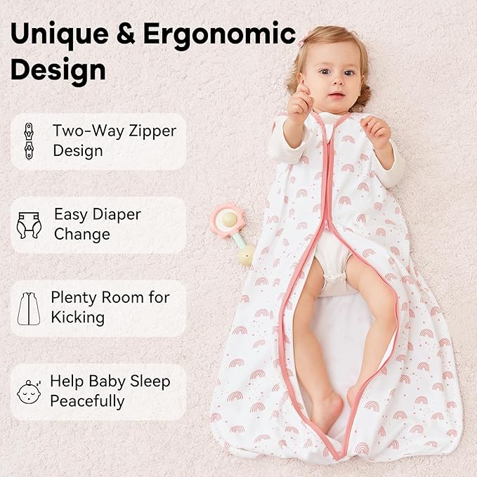 Baby Sleep Sack 0-6 Months 3 Pack 100% Cotton Lightweight 0.5 TOG Wearable Blanket Baby Sleep Bag with 2-Way Zipper for Newborn Infant Toddler Pink-CubbioJoy