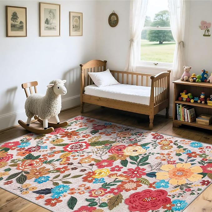 Area Rug Living Room Rugs: 6x9 Washable Rug Vintage Floral Soft Boho Non Slip Carpet Indoor Floor Non Shedding Low Pile Thin Carpets for Bedroom Dining Room Farmhouse Nursery Home Office Beige-CubbioJoy