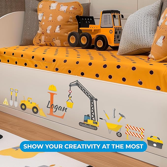 CRYPTONITE Custom Toddler Construction Crane Wall Decal I Personalized Name & Initial I Nursery Decor I Polyvinyl Chloride Sticker - Made in USA (Medium, Multicolor Options)-CubbioJoy