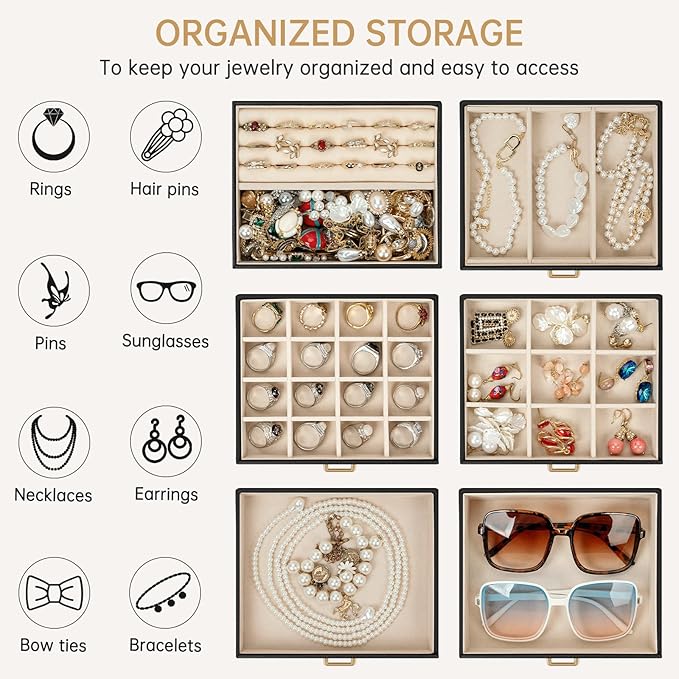AKOZLIN 6-Tier Jewelry Box Organizer Functional 5 Drawers Leather Jewelry Storage Case for Women Girls Ring Necklace Earring Bracelet Holder Organizer with Mirror Black-CubbioJoy