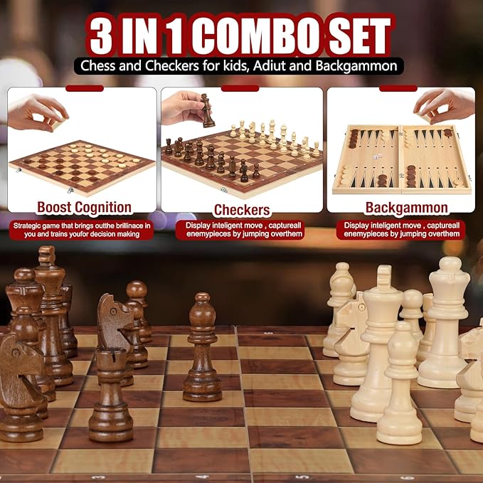 Chess Checkers Backgammon 3-in-1 Board Games Sets, Wooden Chess Set for Adults & Kids, 17.2" Lightweight Checkers Board Game,Strategy Backgammon Sets for Adults, Travel Chess Board Game Pieces Storage-CubbioJoy