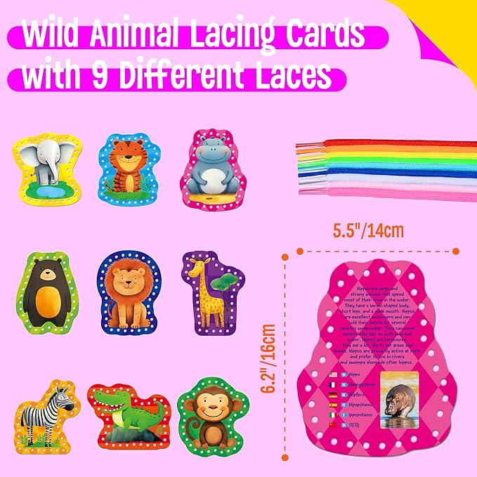 9 PCS Kids Lacing Cards, 9 Double Sided Wild Animals Sewing Cards with 9 Colorful Laces, Educational & Learning Toys for Preschoolers, Kids Ages 3+-CubbioJoy