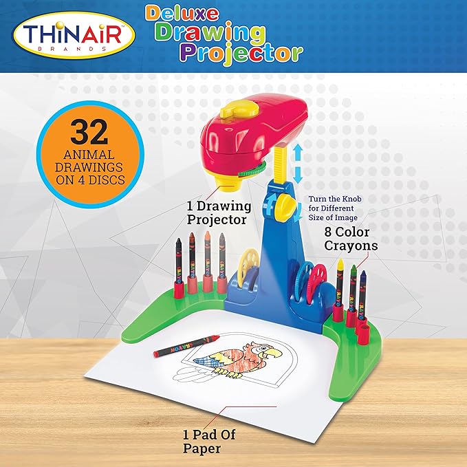 Drawing Projector for Kids 3 & Up | Preschool Tracing Projector Kit Includes 32 Animal Drawings on 4 Sturdy Discs, 8 Crayons & 1 Pad of Drawing Paper for Fun Play-Based Learning-CubbioJoy