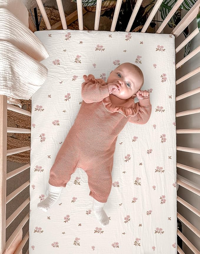 Bassinet Sheet for Baby Boy and Girl 2 Pack, Fitted Sheets for Rectangle, Oval, Hourglass Bassinet Mattress, Muslin Moses Basket Sheets with Neutral Style (Vintage Blossom & Pink)-CubbioJoy