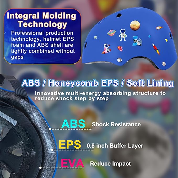 Kids Bike Helmet with DIY Stickers and Knee Pads Elbow Pads Wrist Guard Set for Ages 3-8-14 Toddler Boys Girls Helmet for Roller Skates Cycling Skateboarding Bicycle Scooter-CubbioJoy