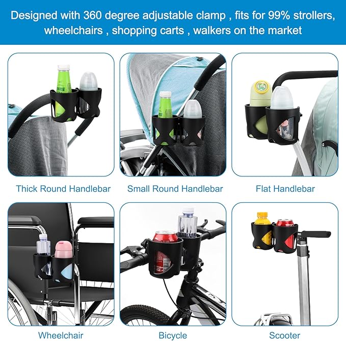 Accmor Universal Cup Holder, Stroller Cup Holder, 360° Rotatable Large Caliber Designed Bottle Holder for Stroller, Bike, Wheelchair, Walker, Scooter-CubbioJoy