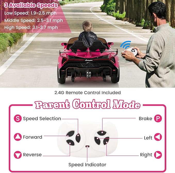 Costzon Pink Lamborghini Ride on Car, 12V Battery Powered 4WD Lambo Kids Car with Remote Control, 3 Speeds, Dual Doors, LED Lights, Horn, Music, Licensed Electric Vehicle for Toddlers Girls Kids Gift-CubbioJoy