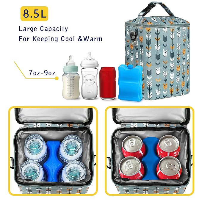 Breastmilk Cooler Bag with Ice Pack Fits 4 Baby Bottles Up to 9 Ounce Insulated Baby Bottle Bag Breast Milk Cooler on The Go with Strap Baby Bottle Cooler Bag for Nursing Mom Daycare or Travel-CubbioJoy