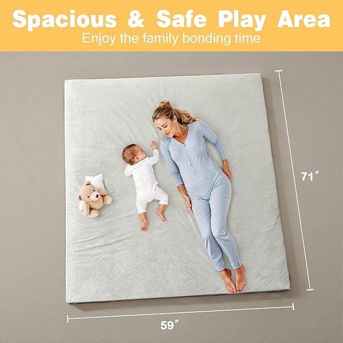 71" ×59" Padded Baby Play Mat for Floor, 1.2" Thick Memory Foam Mat with Machine Washable Cover, Soft Tummy Time Crawling Playmat with Non-Slip Bottom, Fits 71" x59" Playpens-CubbioJoy