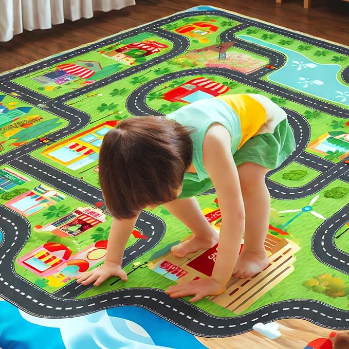Car Rug,Kids Play Rug with Roads,Playroom Toy Car Rug, Car Track Rug City Map for Bedroom Classroom - (110X78.7 Inches)-CubbioJoy