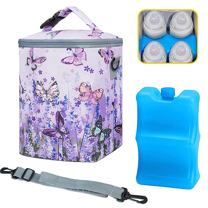 Breastmilk Bag with Ice Pack Fits 4 Bottles Up To 9 Ounce Insulated Breast Milk Cooler on the Go with Strap Baby Bottle Cooler Bag for Nursing Mom Daycare or Travel-CubbioJoy