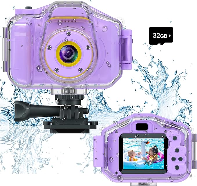 Agoigo Kids Waterproof Camera - Children Underwater HD Video Digital Camcorder, Portable Travel Toy for Toddler - Ideal Christmas Birthday Gifts for Boys Girls Age 3-12 with 32GB Card (Purple)-CubbioJoy