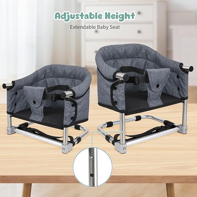 Booster Seat for Dining Table: Portable Toddler Booster Chair with Safety Buckle and Height Adjustable, Foldable Baby Feeding Chair, Kids High Chair Booster Seat for Kitchen Home Travel - Grey-CubbioJoy