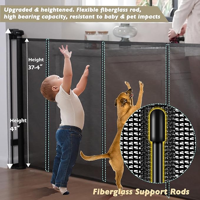 200" Retractable Baby Gates Extra Wide for Large Opening, 41" Extra Tall Retractable Dog Gate Pet Gates, Long Child Safety Mesh Gate with Fiberglass Rods for Stairs, Doorways, Hallways, Indoor/Outdoor-CubbioJoy