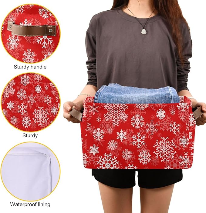 Christmas White Snowflakes on Red Storage Basket Cube Storage Bins Organizer Bag Collapsible Closet Shelf Baskets with handle for Baby Cloth Pet Toy Book 14.2×10.2×8.3 IN-CubbioJoy
