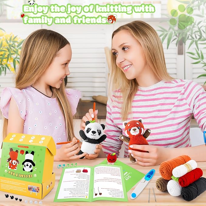 Crochet Kit for Beginners - 2PCS White and Red Panda Crochet Animal Kit with Step-by-Step Video Tutorials, Apple Crocheting Kit, Crochet Starter Kit for Kids and Adults, Beginners Knitting Kit-CubbioJoy