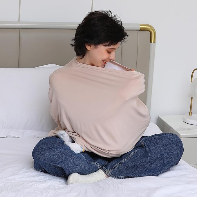 Breathable Car Seat Cover for Babies – Multi-Purpose Soft Rayon Nursing Cover for Breastfeeding, High Stretchy Infant Carseat Canopy, Stroller Cover (Smooth Rayon, Warm Natural)-CubbioJoy