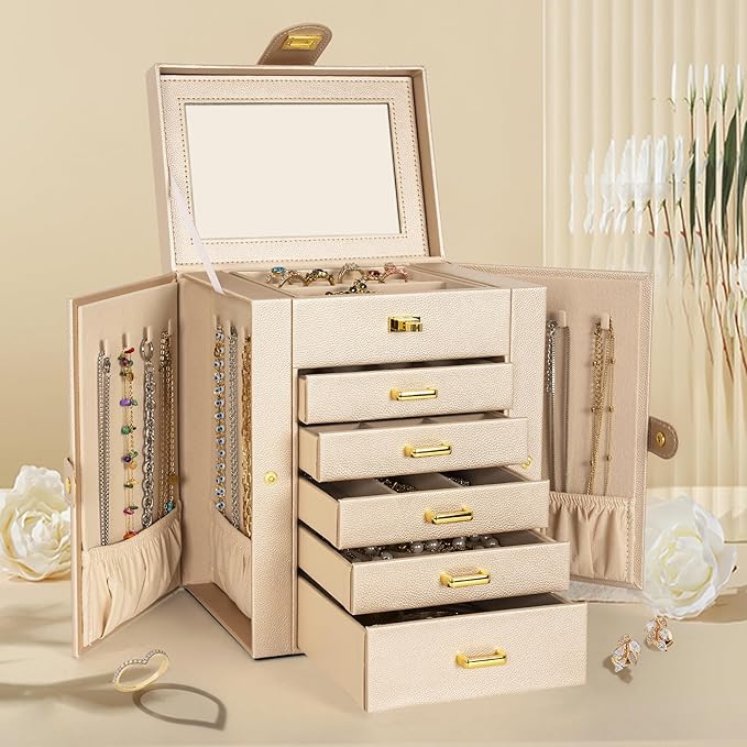 AKOZLIN 6-Tier Jewelry Box Organizer Functional Leather Jewelry Storage Case for Women Girls Ring Necklace Earring Bracelet Holder Organizer with Mirror-CubbioJoy