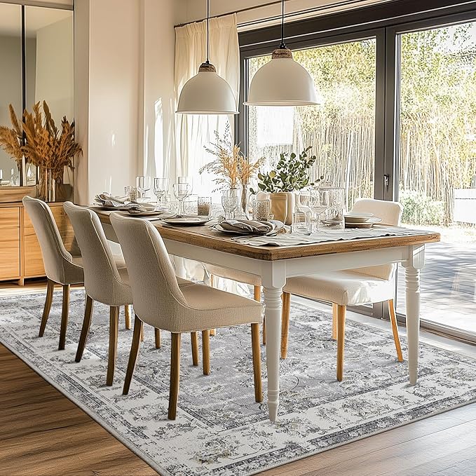 jinchan Washable Area Rug 8x10 for Living Room Soft Faux Wool Ultra-Thin Stain Resistant Non-Slip Distressed Vintage Floral Large Carpet for Bedroom,Dining Room,Home Office,Nursery(Grey, 8'x10')-CubbioJoy