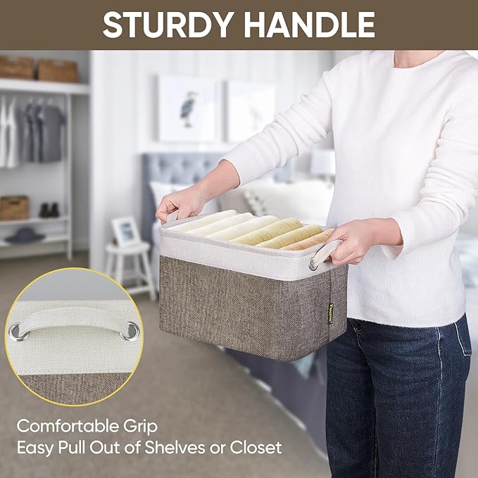 BALEINE 2 Pack Fabric Storage Bins for Shelves, Linen Storage Baskets for Organizing, Decorative Closet Bins for Clothes, Home (Brown, 12"x8"x8")-CubbioJoy