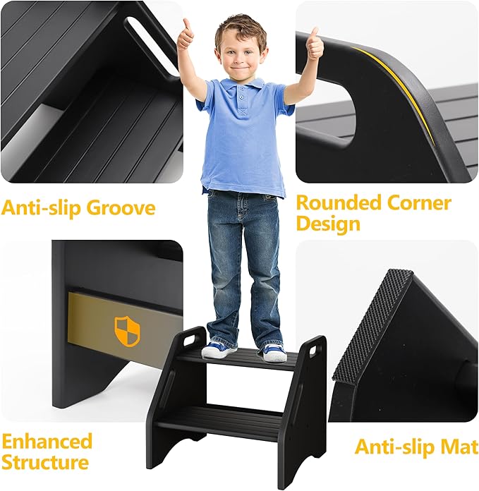 AMBIRD Wooden Step Stool, Two Step Stools 300 lbs Capacity with Safety Non-Slip Pads and Handles, Bamboo Step Stool for Bathroom, Kitchen Dual Height Step Stools for Adults (Black)-CubbioJoy