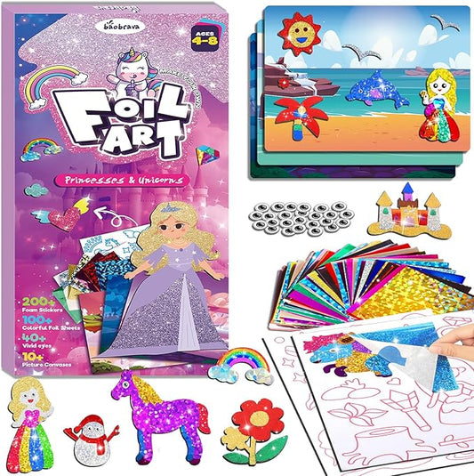 Baobrava Foil Art Fun Kit for Kids - DIY Toy Unicorn Princess Foil Art Craft Activity for Kids, Foam Stickers Fun Craft Kits & Supplies, Creative Christmas Birthday Gifts Travel Toys for 4 and Up-CubbioJoy