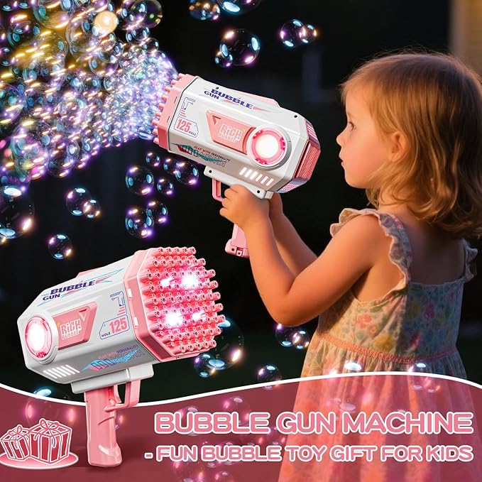 Bubble Gun, Upgraded 125 Holes Bubble Guns for Wedding, Pink Bubble Machine for Kids Age 3 4 5 6 7 8 9 10 11 12 Year Old, Big Bubble Blower Gun with Lights, Halloween Outdoor Party Favors-CubbioJoy