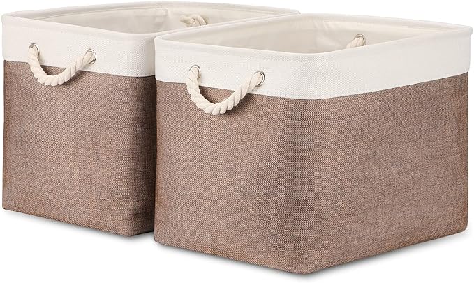 Bidtakay Large Storage Baskets with Handles for Organizing 16" x 11.8" x 11.8" Rustic Shelf Baskets [2-Pack] Foldable Clothes Baskets Fabric Collapsible Bins for Closet (White&Earthy Brown)-CubbioJoy