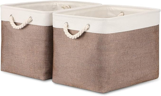Bidtakay Large Storage Baskets with Handles for Organizing 16" x 11.8" x 11.8" Rustic Shelf Baskets [2-Pack] Foldable Clothes Baskets Fabric Collapsible Bins for Closet (White&Earthy Brown)-CubbioJoy